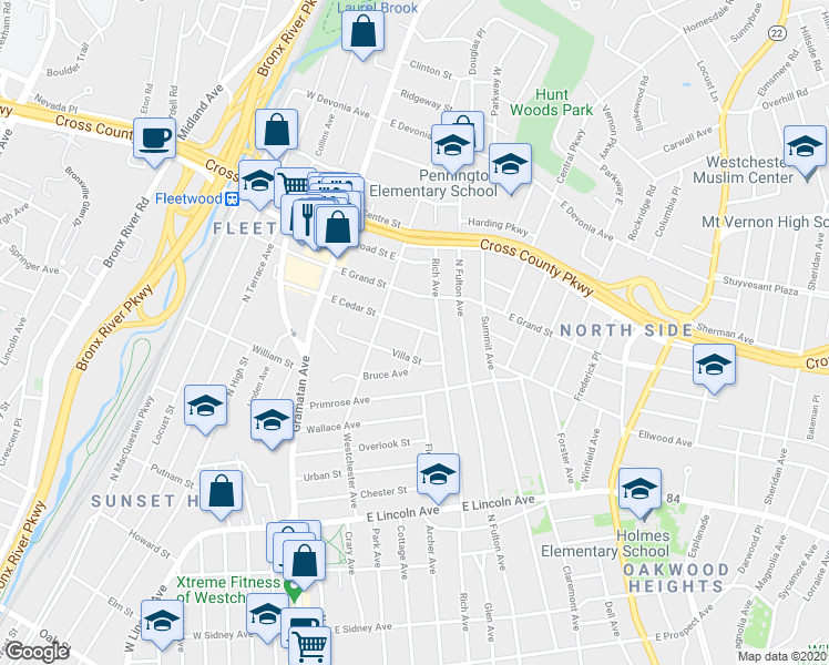 map of restaurants, bars, coffee shops, grocery stores, and more near 366 Livingston Street in Mount Vernon