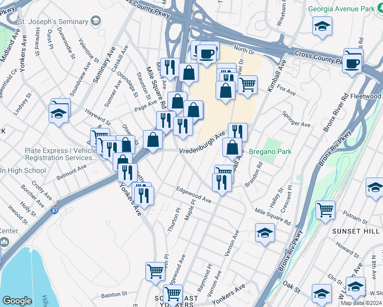 map of restaurants, bars, coffee shops, grocery stores, and more near 920 Mile Square Road in Yonkers