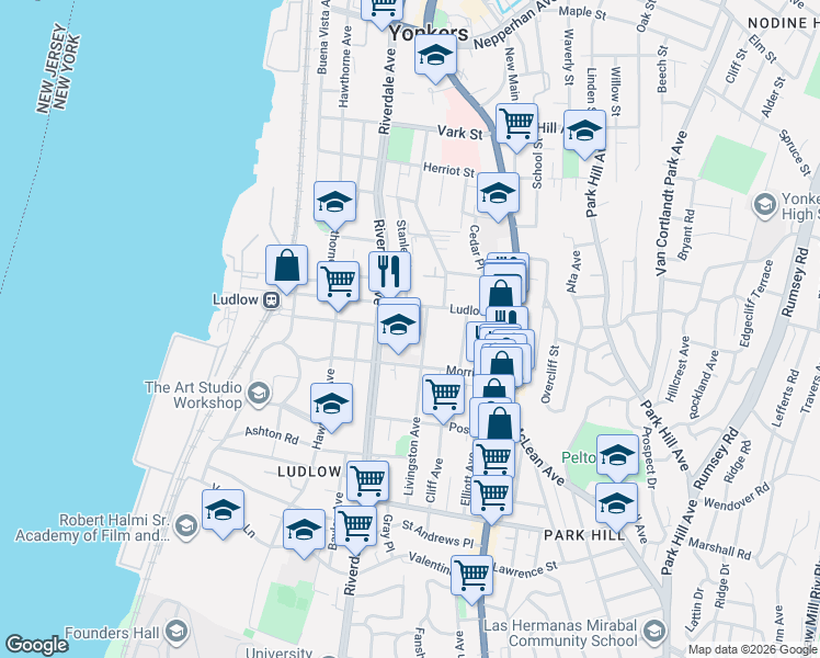 map of restaurants, bars, coffee shops, grocery stores, and more near 22 Livingston Avenue in Yonkers