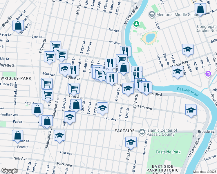 map of restaurants, bars, coffee shops, grocery stores, and more near in Paterson