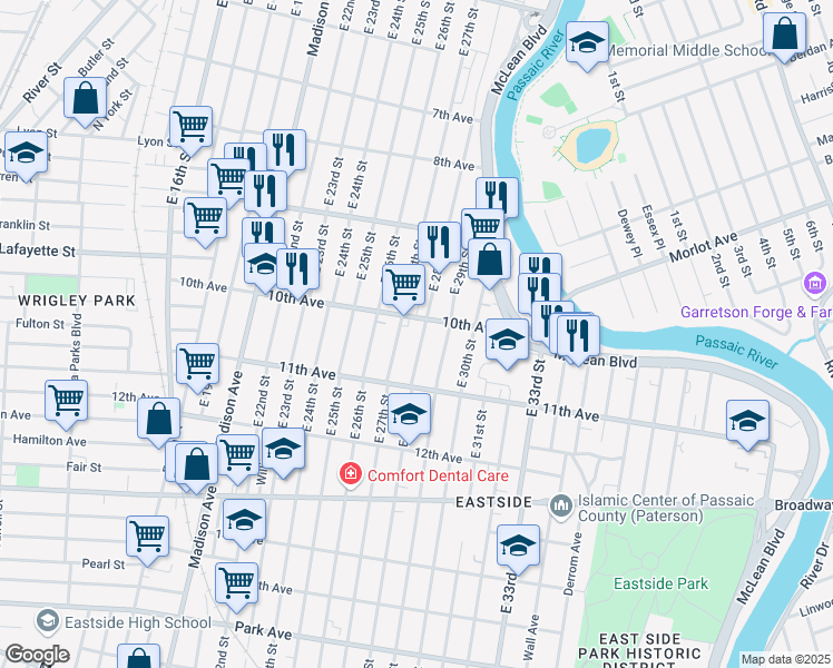map of restaurants, bars, coffee shops, grocery stores, and more near 425 East 27th Street in Paterson
