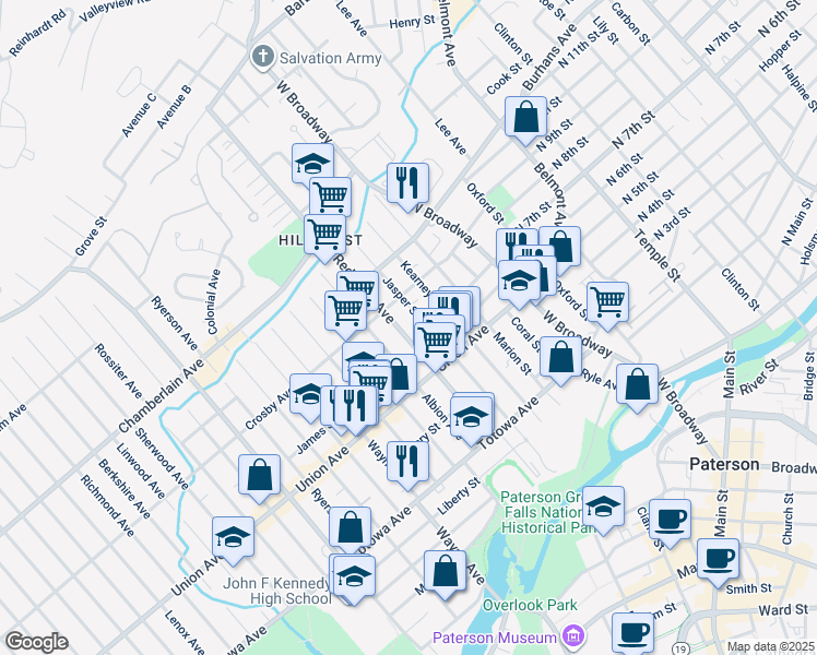 map of restaurants, bars, coffee shops, grocery stores, and more near 116 Redwood Avenue in Paterson