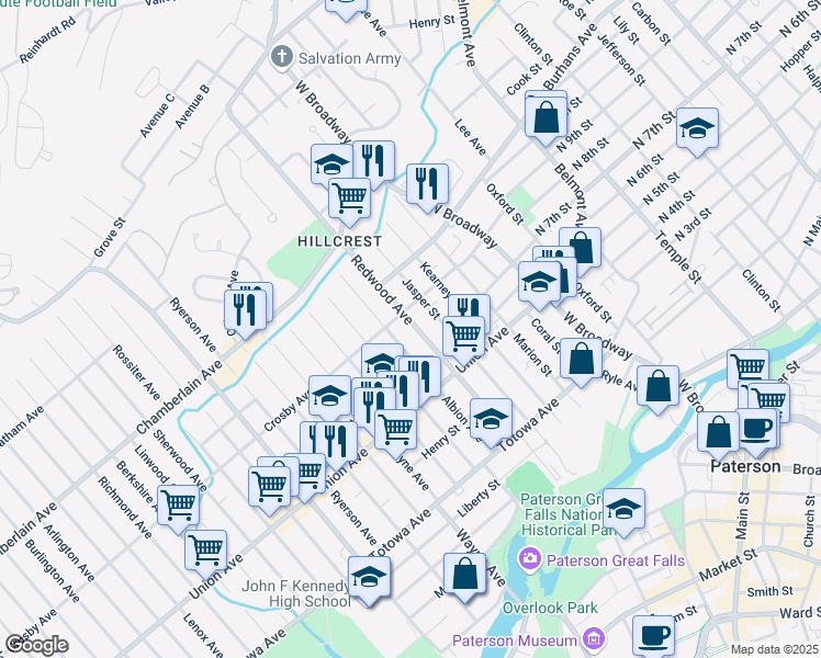 map of restaurants, bars, coffee shops, grocery stores, and more near 116 Redwood Avenue in Paterson