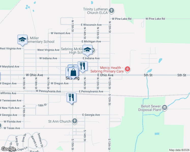 map of restaurants, bars, coffee shops, grocery stores, and more near 293 East Ohio Avenue in Sebring