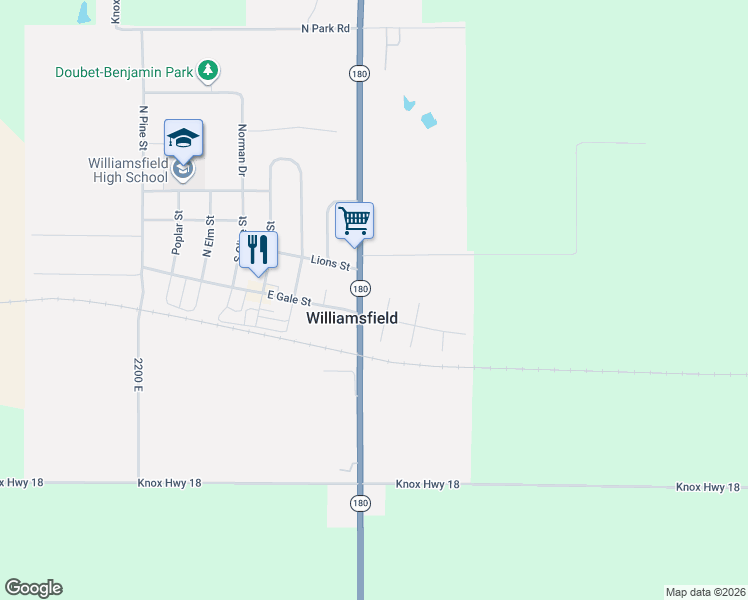 map of restaurants, bars, coffee shops, grocery stores, and more near 116-126 South Walnut Street in Williamsfield