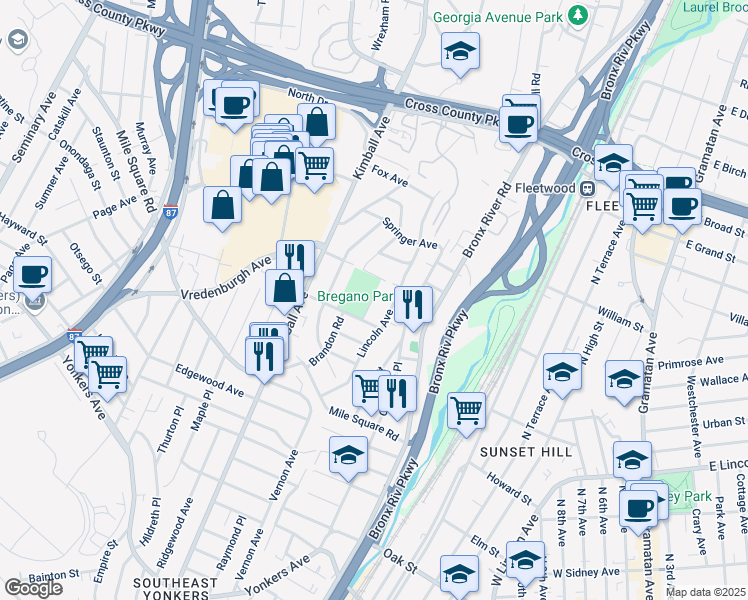 map of restaurants, bars, coffee shops, grocery stores, and more near 24 Holmes Street in Yonkers