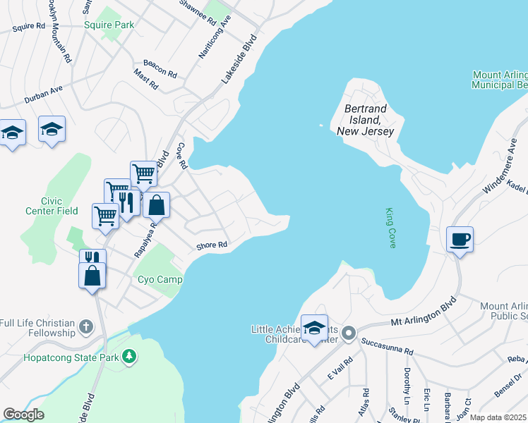 map of restaurants, bars, coffee shops, grocery stores, and more near 13 Point Pleasant Road in Hopatcong