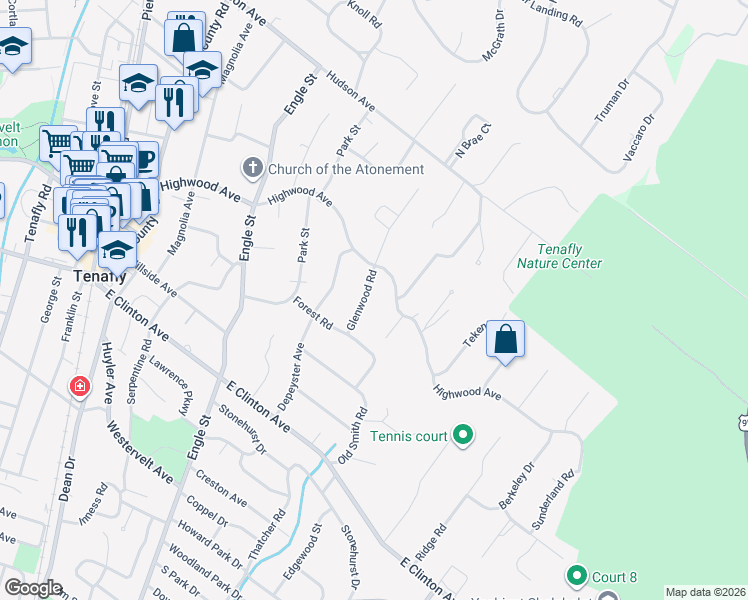 map of restaurants, bars, coffee shops, grocery stores, and more near 26 Glenwood Road in Tenafly