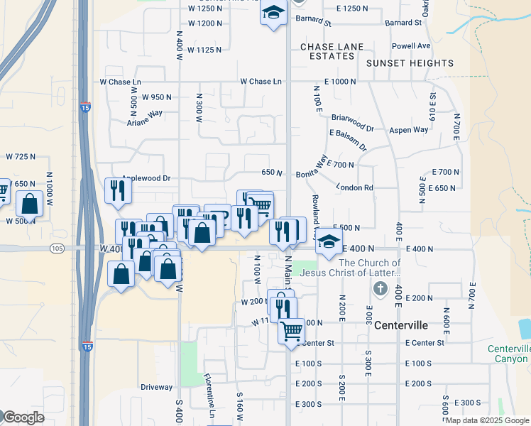map of restaurants, bars, coffee shops, grocery stores, and more near 77 West 550 North in Centerville