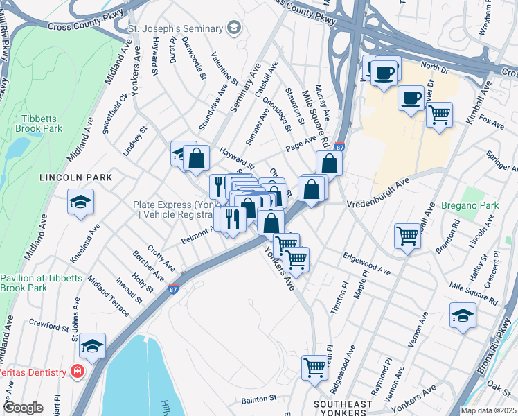map of restaurants, bars, coffee shops, grocery stores, and more near 98 Cowles Avenue in Yonkers