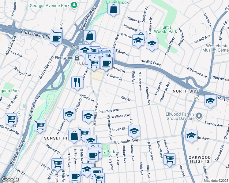 map of restaurants, bars, coffee shops, grocery stores, and more near 354 Westchester Avenue in Mount Vernon