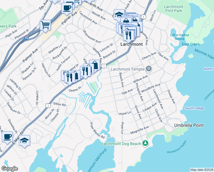 map of restaurants, bars, coffee shops, grocery stores, and more near 42 Kane Avenue in Larchmont