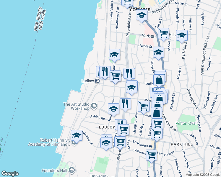 map of restaurants, bars, coffee shops, grocery stores, and more near 36 Pier Street in Yonkers