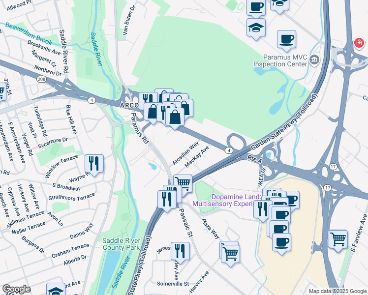 map of restaurants, bars, coffee shops, grocery stores, and more near 17 Arcadian Way in Paramus