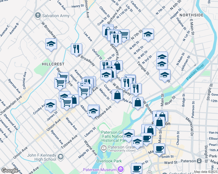 map of restaurants, bars, coffee shops, grocery stores, and more near 112 Coral Street in Paterson