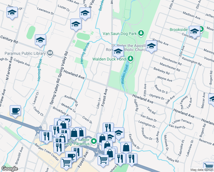 map of restaurants, bars, coffee shops, grocery stores, and more near Forest Avenue & Howland Avenue in Paramus
