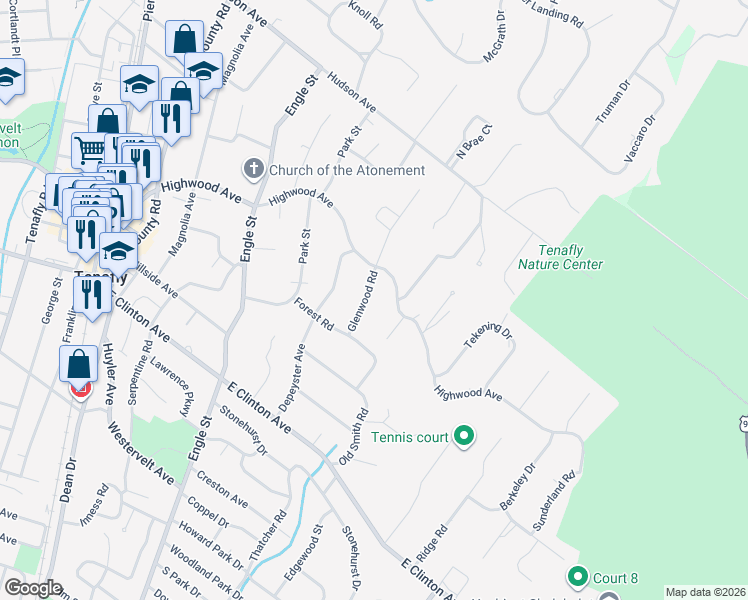 map of restaurants, bars, coffee shops, grocery stores, and more near 26 Glenwood Road in Tenafly