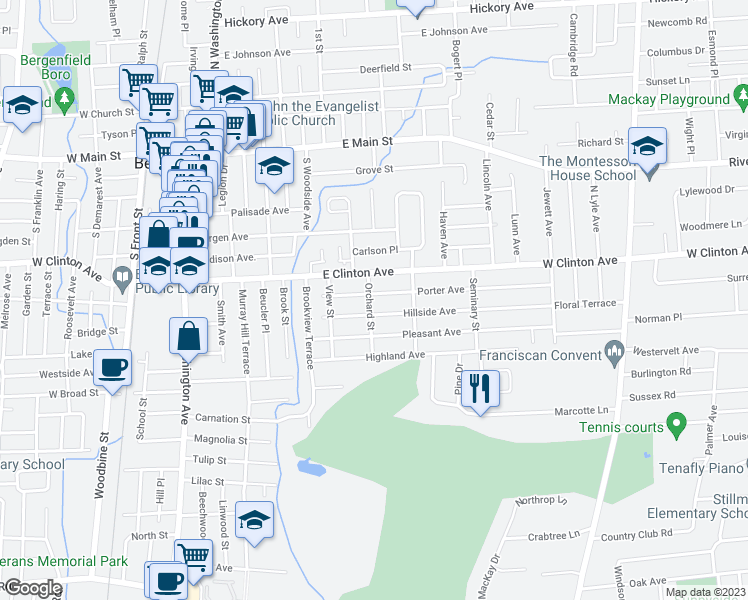 map of restaurants, bars, coffee shops, grocery stores, and more near 82 Porter Avenue in Bergenfield