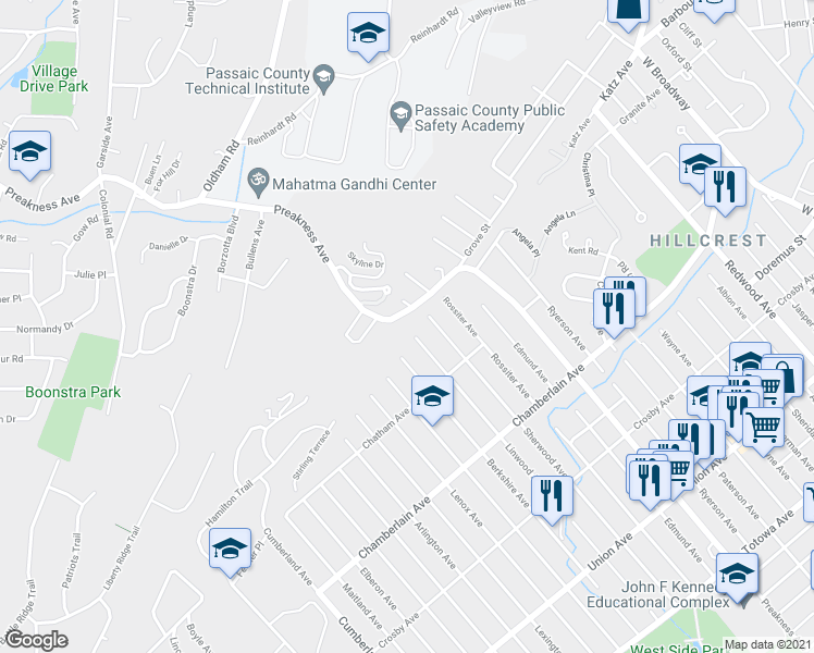 map of restaurants, bars, coffee shops, grocery stores, and more near 555 Preakness Avenue in Paterson