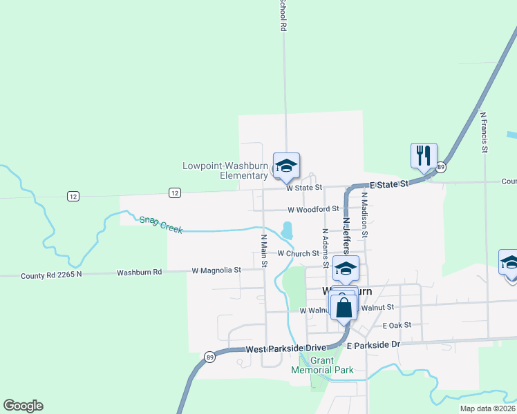 map of restaurants, bars, coffee shops, grocery stores, and more near 601 North Main Street in Washburn
