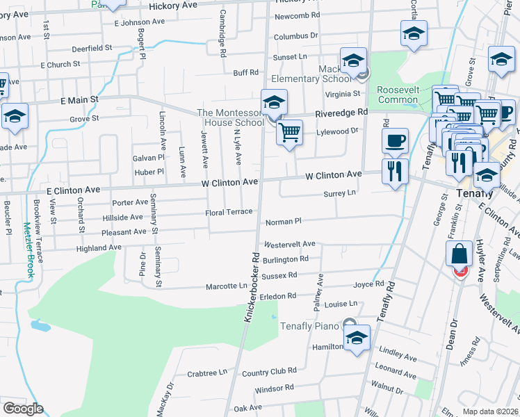 map of restaurants, bars, coffee shops, grocery stores, and more near 309 Knickerbocker Road in Tenafly