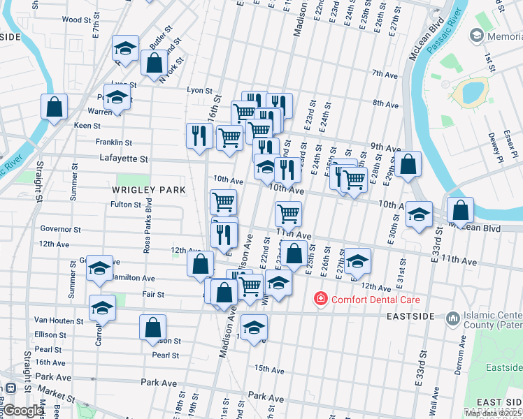 map of restaurants, bars, coffee shops, grocery stores, and more near 520 Madison Avenue in Paterson