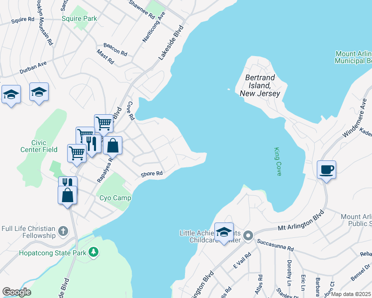 map of restaurants, bars, coffee shops, grocery stores, and more near 15 Point Pleasant Road in Hopatcong