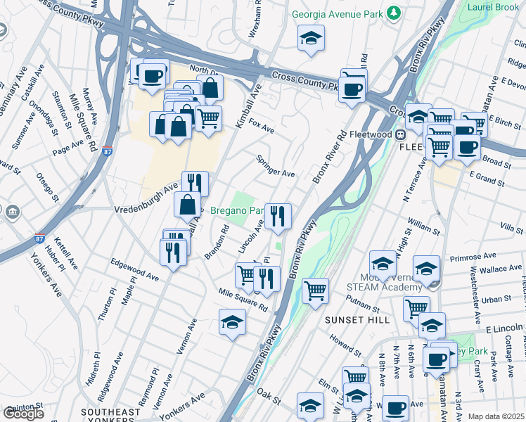 map of restaurants, bars, coffee shops, grocery stores, and more near 115 Lincoln Avenue in Yonkers