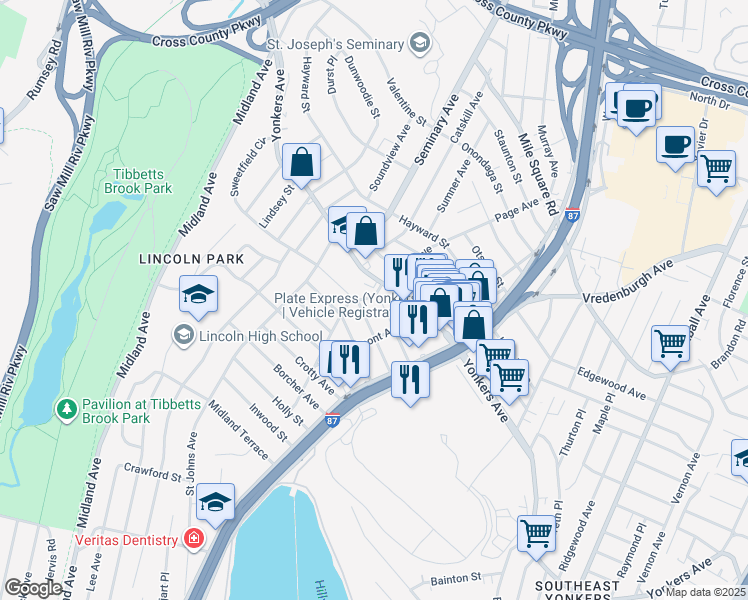 map of restaurants, bars, coffee shops, grocery stores, and more near 9 Boone Street in Yonkers