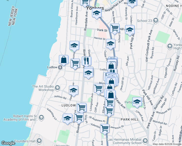map of restaurants, bars, coffee shops, grocery stores, and more near 22 Livingston Avenue in Yonkers