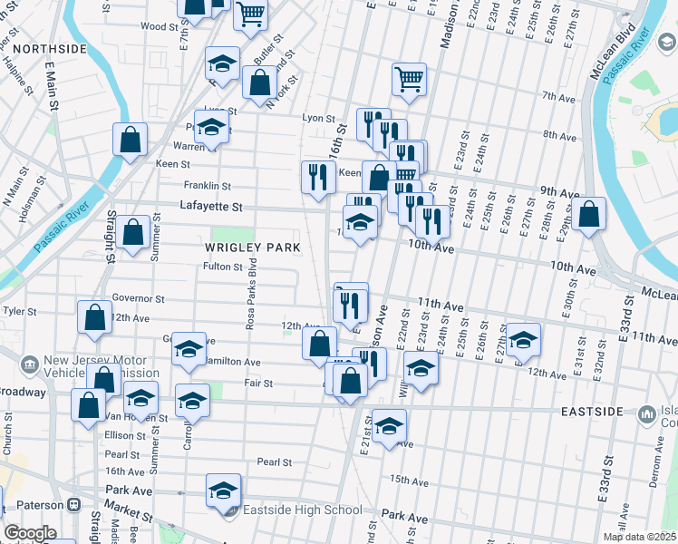 map of restaurants, bars, coffee shops, grocery stores, and more near 414 East 16th Street in Paterson