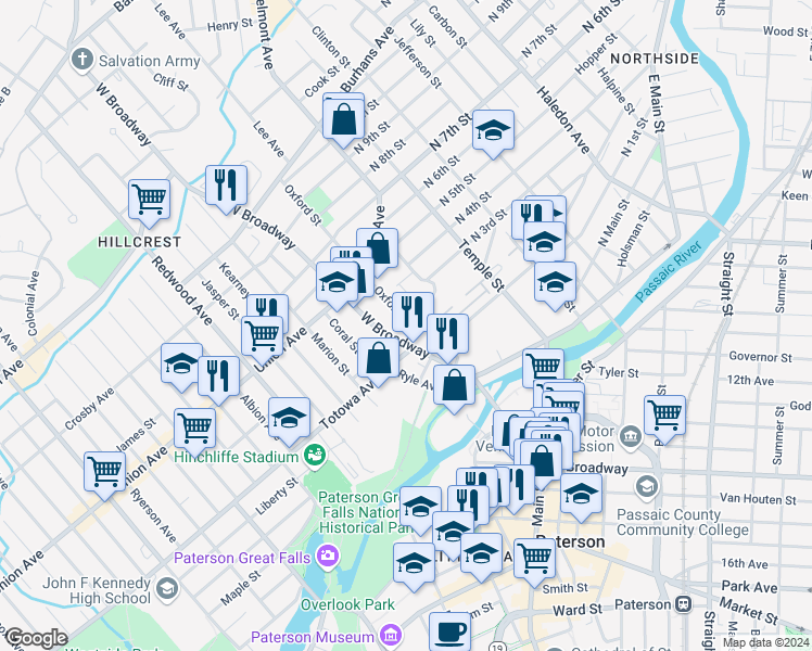 map of restaurants, bars, coffee shops, grocery stores, and more near 9 Cliff Street in Paterson
