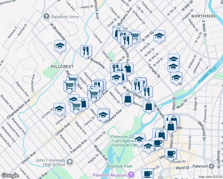 map of restaurants, bars, coffee shops, grocery stores, and more near 113 Coral Street in Paterson