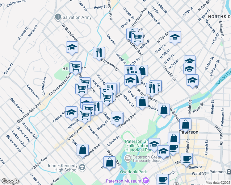 map of restaurants, bars, coffee shops, grocery stores, and more near 496 Union Avenue in Paterson