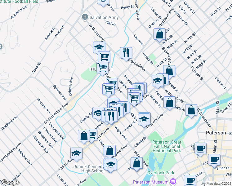 map of restaurants, bars, coffee shops, grocery stores, and more near 137 Albion Avenue in Paterson