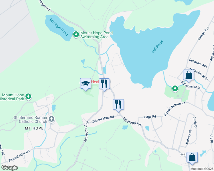 map of restaurants, bars, coffee shops, grocery stores, and more near 544 Mount Hope Road in Wharton