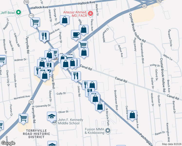 map of restaurants, bars, coffee shops, grocery stores, and more near 1067 New York 112 in Port Jefferson Station
