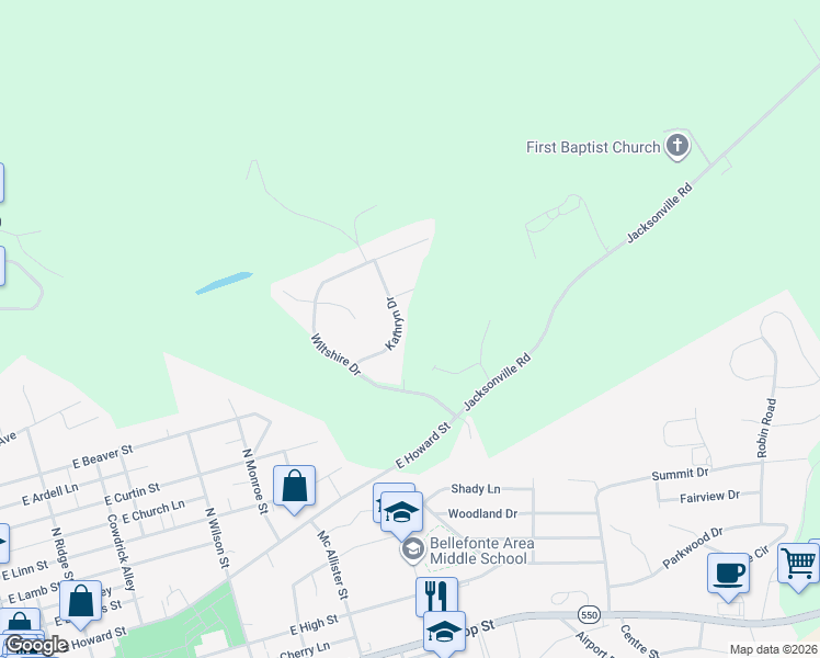 map of restaurants, bars, coffee shops, grocery stores, and more near 101-409 Kathryn Drive in Bellefonte