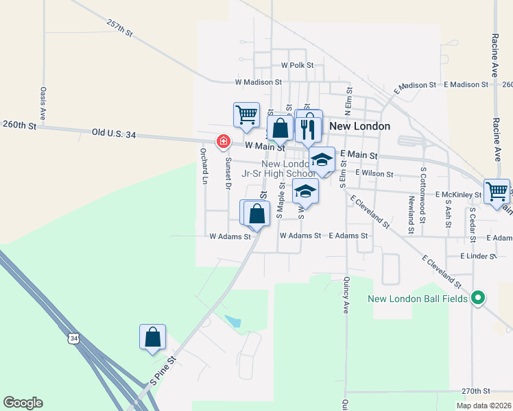 map of restaurants, bars, coffee shops, grocery stores, and more near 307-499 S Pine St in New London