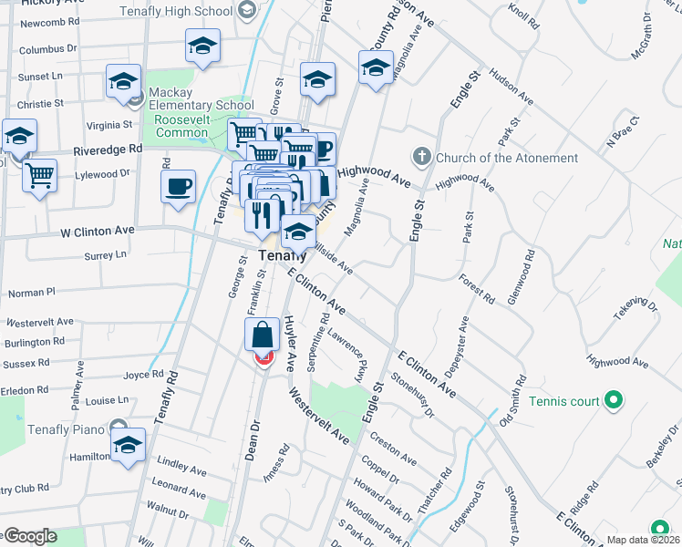 map of restaurants, bars, coffee shops, grocery stores, and more near 52 Hillside Avenue in Tenafly