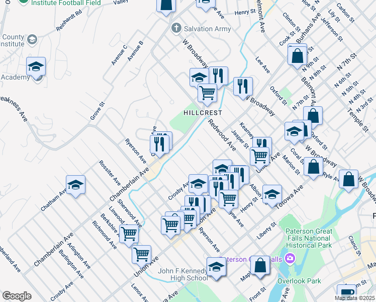 map of restaurants, bars, coffee shops, grocery stores, and more near 185 Sherman Avenue in Paterson