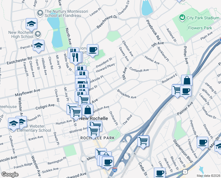 map of restaurants, bars, coffee shops, grocery stores, and more near 164 Brookdale Avenue in New Rochelle