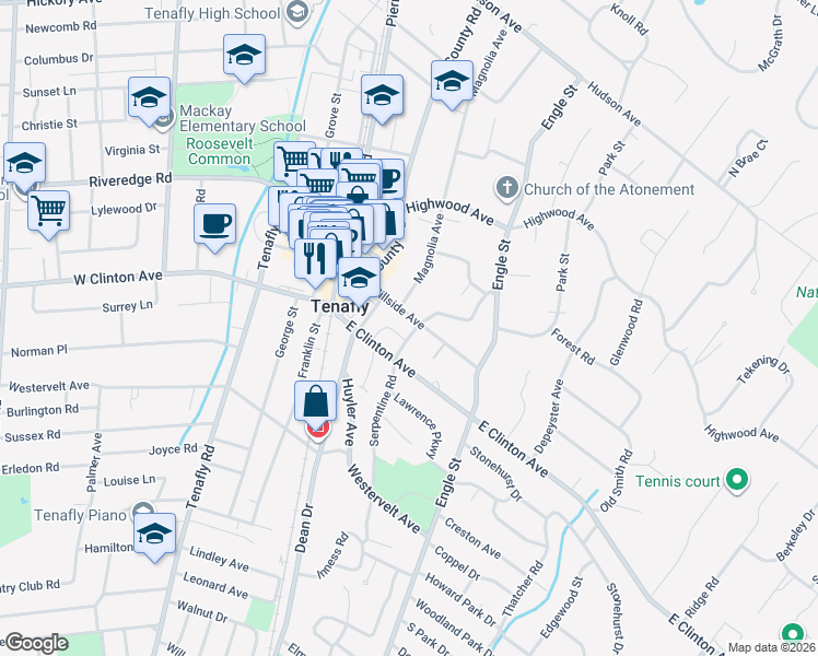 map of restaurants, bars, coffee shops, grocery stores, and more near 52 Hillside Avenue in Tenafly