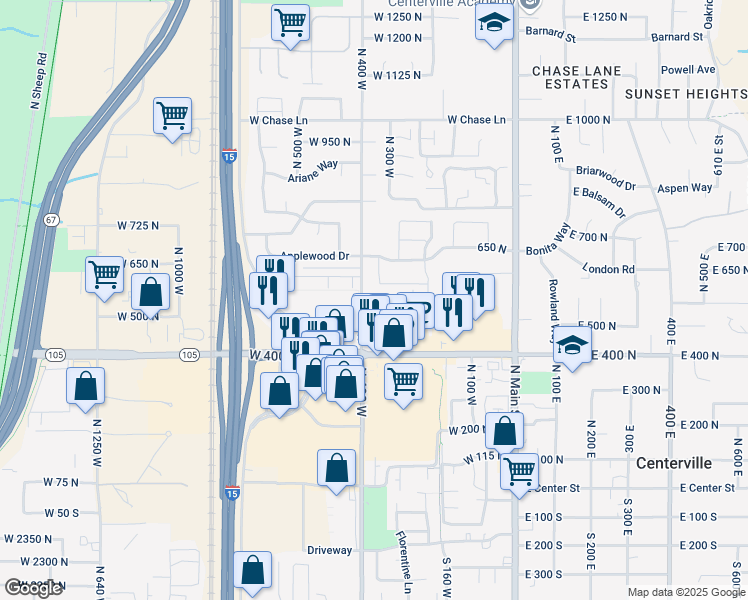 map of restaurants, bars, coffee shops, grocery stores, and more near 359 West 550 North in Centerville
