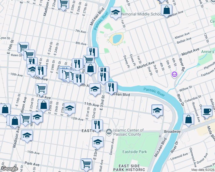 map of restaurants, bars, coffee shops, grocery stores, and more near 19 East 33rd Street in Paterson