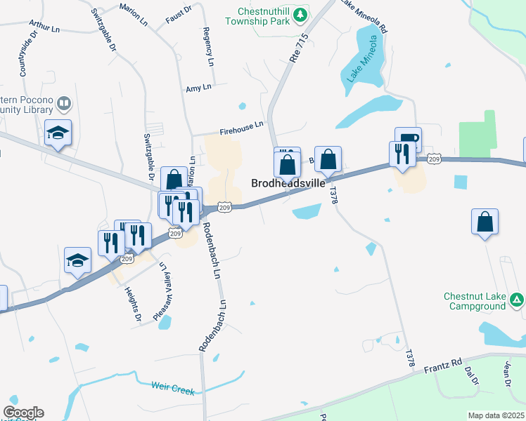 map of restaurants, bars, coffee shops, grocery stores, and more near 1758 U.S. 209 in Brodheadsville