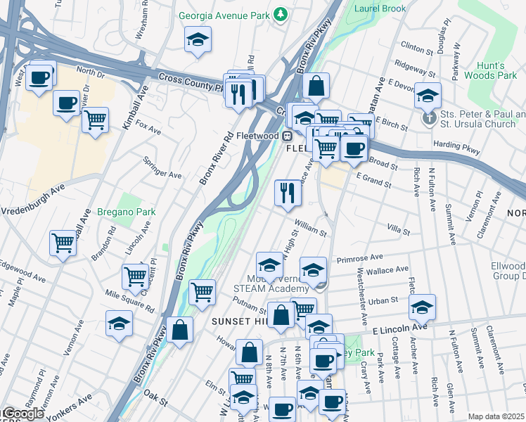 map of restaurants, bars, coffee shops, grocery stores, and more near 550 Locust Street in Mount Vernon