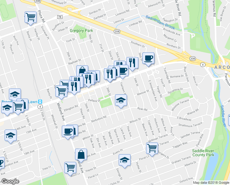 map of restaurants, bars, coffee shops, grocery stores, and more near 101 Pine Avenue in Fair Lawn