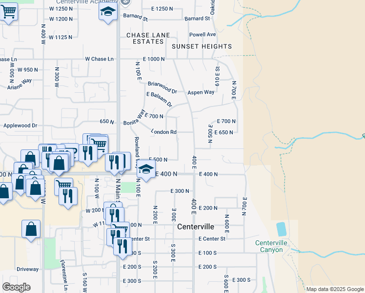 map of restaurants, bars, coffee shops, grocery stores, and more near 558 Pheasant Way in Centerville