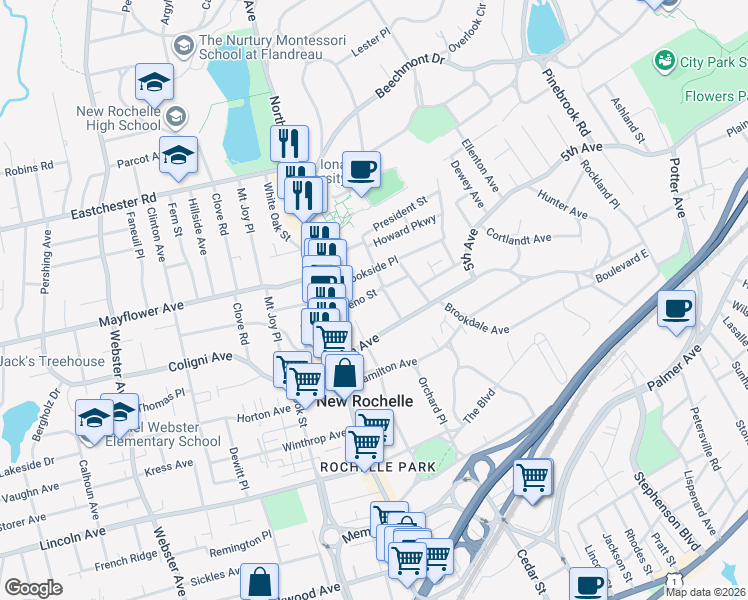 map of restaurants, bars, coffee shops, grocery stores, and more near 27 Treno Street in New Rochelle